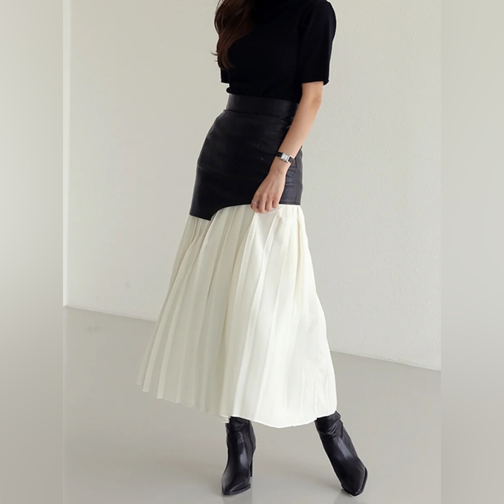 074. Commense Asymmetric Patchwork Faux Leather Chiffon Pleated Maxi Skirt M - Picture 3 of 4